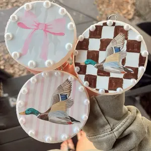 Pink Strip Duck Car Freshie Rearview Mirror Freshener And Decor with Pearl Accents