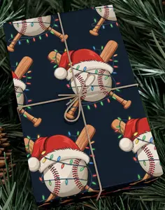 [Sale off up to 50%] Wrapping Paper, Baseball Christmas gift, Sport Gift Wrap with Santa Hat, Holiday Lights & Bats, Funny Xmas Paper for Baseball Fans