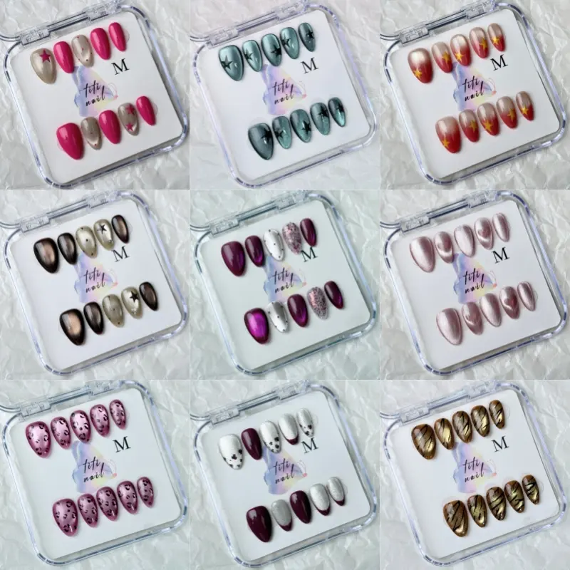 TiTinails Cat Eye Pearl Press On Nails | Handmade Almond Glue On Nails | Shimmer Reusable Fake Nails Set