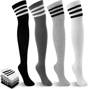 4 Pack Thigh High Socks, Striped Over the Knee Socks for Women, Soft Stretchy High Socks Warmer for Cosplay, Daily Wear, and Boots