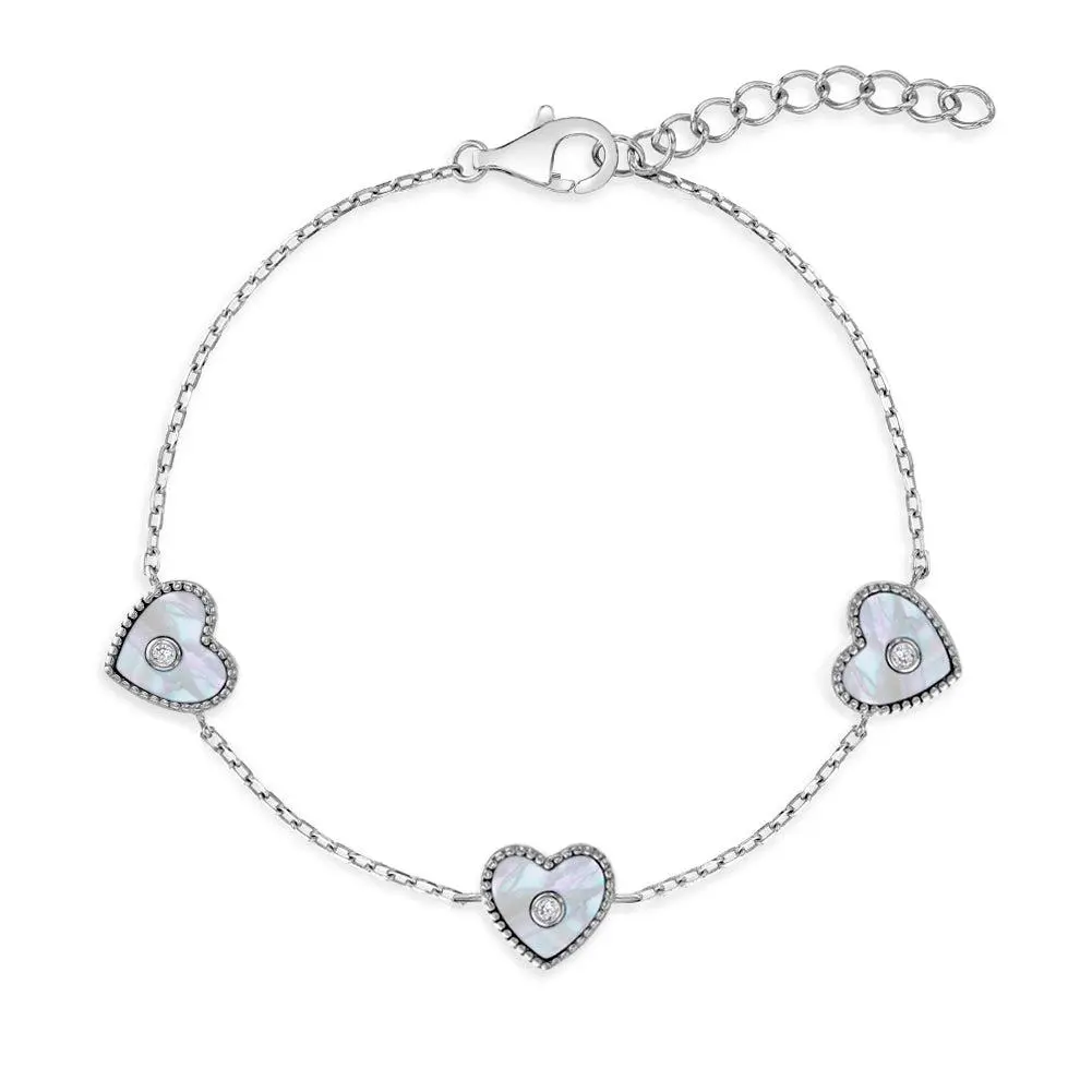 6"- 7" Simulated Mother of Pearl Heart CZ Kids Girls Bracelet - Sterling Silver