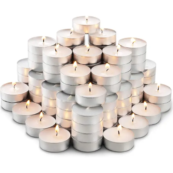 Mini Tealight Candles in Bulk | 100 White, Small Votive Smokeless, Dripless & Long Lasting Paraffin Candles | for Home, Pool, Shabbat, Weddings & Emergencies, Unscented