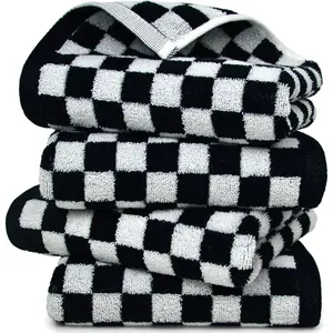 Black and White Hand Towels 4 Pack Cotton Decorative Bathroom Hand Towels Checkered Kitchen Decor 13" x 29"