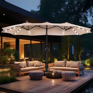 【On Sale】15ft Solar Double Sided Umbrellas Solar Lights Outdoor Extra Large Market Table Umbrella with Base Included, Oversized Umbrella for Deck, Pool, Backyard Offset Parasol Offset Patio Parasol Sunshade Canopy