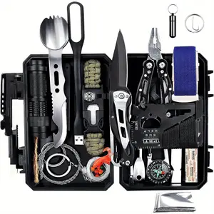 60-in-1 Emergency Survival Gear Kit, outdoor multi-functional tool set, includes emergency bracelet, whistle, flashlight, pliers, pen, and wire saw, suitable for camping, hiking, and mountaineering, perfect as a Christmas gift.