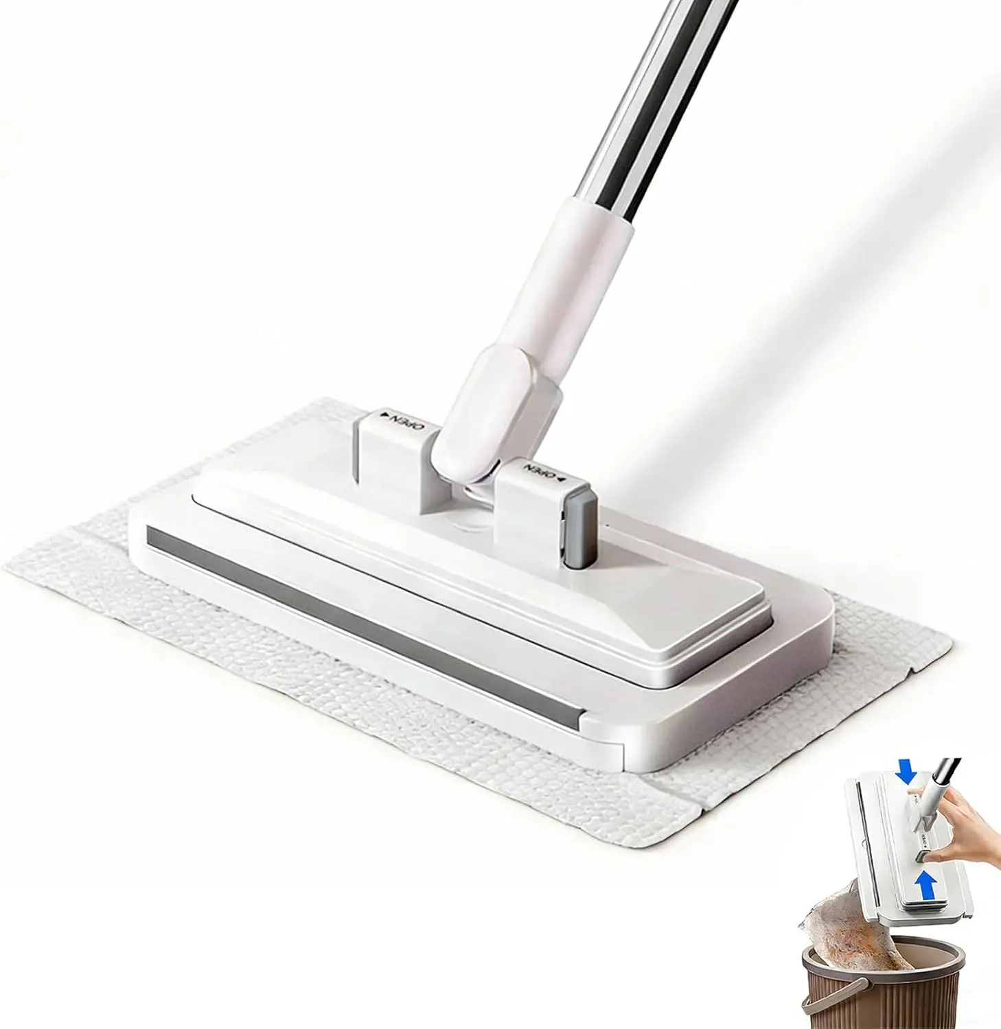 Contactless Flat Mop - Adjustable Retractable Disposable Wet Dry Cleaning Tool, Removable Handheld with Hands-Free Automatic Clamp, Synthetic Non-Woven Replacement Head, Upgrade Teeth No-Hand-Wash for Hardwood, Tile