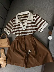 New Casual Commuter Date Two-Piece Set, Striped Polo Short Sleeve, High Waist Shorts, Women's
