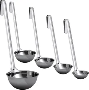 5 Pcs Combo Sizes Sturdy Ergonomic Stainless Steel Ladles 1/2/4/6/8 Oz with Long Handle - Kitchen Supplies for Stirring Portioning Serving Soup Chili Stew for Home and Restaurant