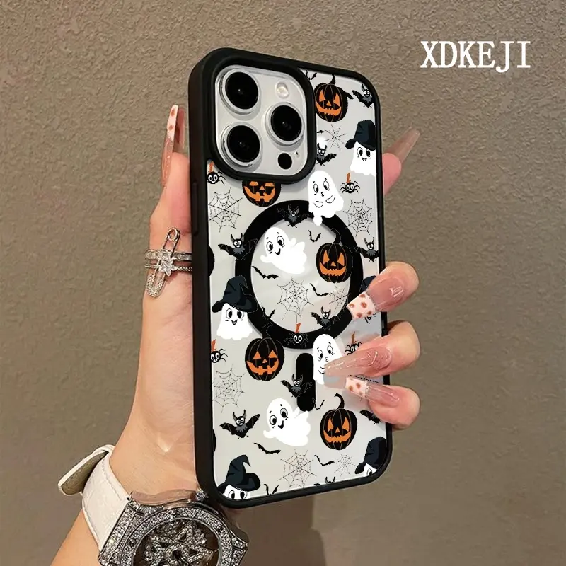 Creative Halloween Pumpkin Ghost Pattern Premium Magnetic Phone Cases for iPhone 16 15 14 Pro Max 13 12 11 Plus Smartphone Shockproof Protection Acrylic Cover Cellphone Protective magsafe magnetic case Aesthetic Resistance Casing