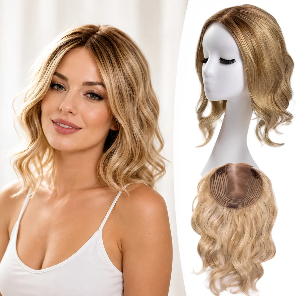 EC Flowing Wavy 78g Hair Topper 14 Inch – 6×6.5" Lace Foundation, 3 Clips, No Glue Needed, Natural Grey Root Blending & Voluminous Texture, Great for Work Dining or Everyday Chic