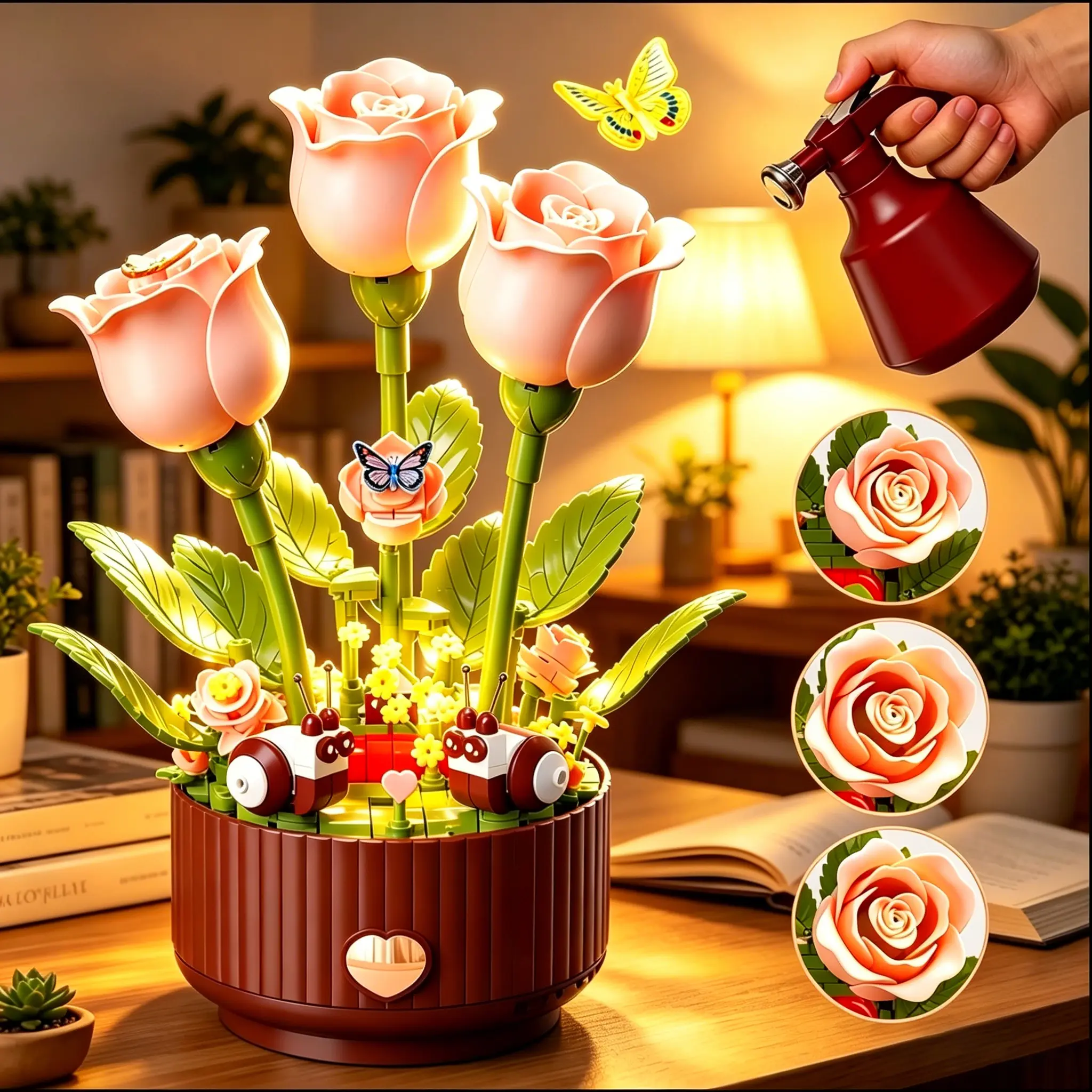 DLDA Magical Blooming Rose Building Set with Electric Moving Petals Interactive Sound LED Light Unique Mother's Day Gift for Mom Grandma & Wife with Magic Spray Bottle and Dual Motion Modes Diy Model Kit