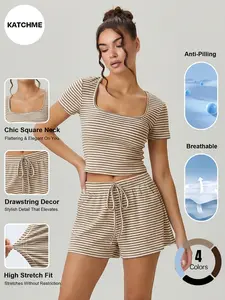 Women's Slouchy Stripe Square Neck Short Sleeve Stretchy Crop Top & Drawstring Decor Shorts Co-ord, Simple Casual Style Two Piece Outfits for Summer