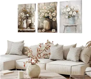 3Pcs Rustic Farmhouse Floral Canvas Wall Art Elegant White Daisy Poster Prints Vintage Country Floral Picture Wood Grain Painting Artwork Pastoral Wall Decor for Bedroom Living Room 12x16in Framed