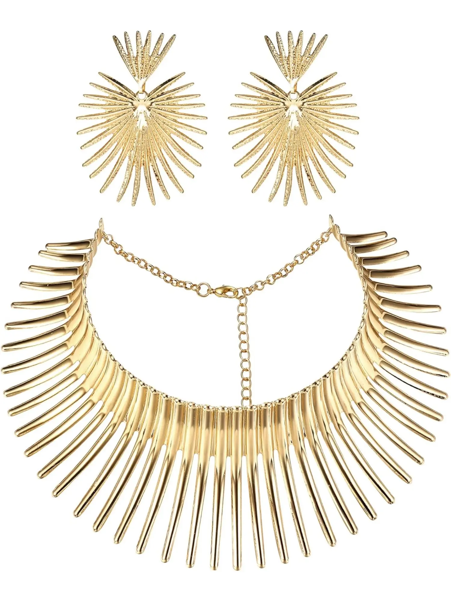 Brilliant 3 Pcs Golden Stylish African Jewelry Set Alloy Stainless Steel African Canine Tooth Shape Necklace Earrings for Women Men Cleopatra Costumes Jewelry Accessories for Theme Party Halloween