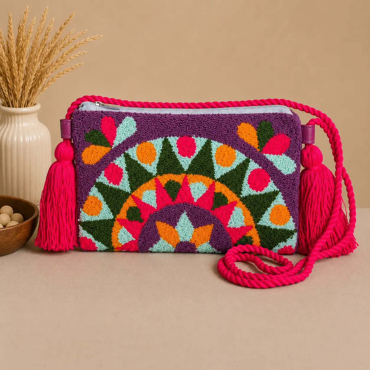 Handmade Punch Needle Crossbody Bag for Women, Boho Chic Clutch Purse with Geometric Mandala Embroidery & Tassel, Chic Crossbody Bag, Crossbody Handbag