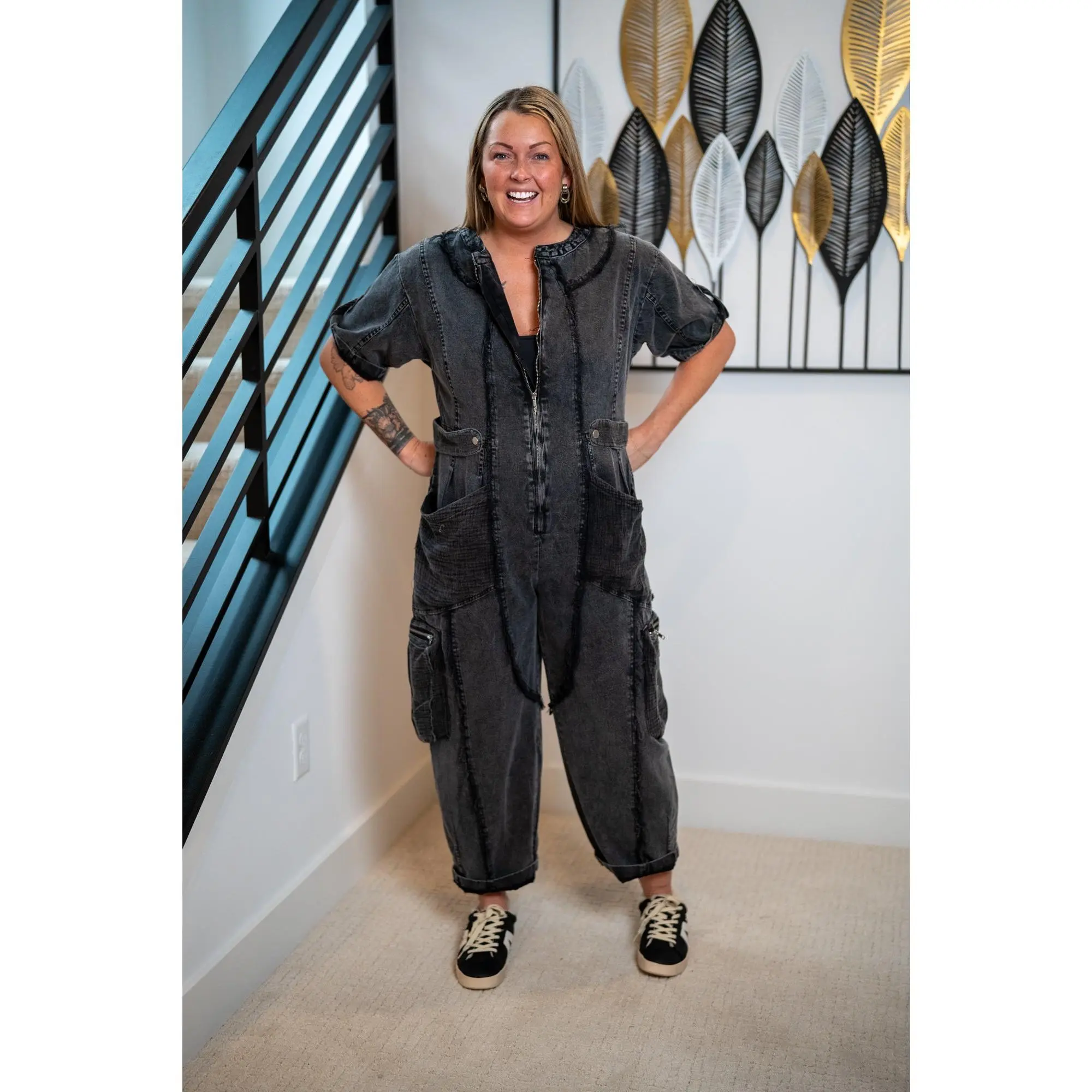 Oli & Hali Washed Short Sleeve Jumpsuit in Black