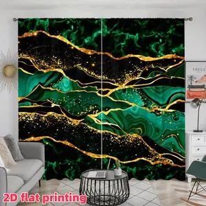 2D Flat 2Pcs Emerald Green Gold Black Marble Print Window Curtains, Modern Abstract Geometric Malachite Stone Art Drapes for Living Room Bedroom Kitchen Home Decor, Decorative Privacy Treatment