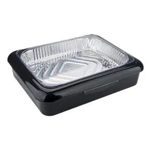 1 PCS Black aluminum foil paper aluminum portable tray (with lid) - High-end catering service tray - Portable isolation pot with lid
