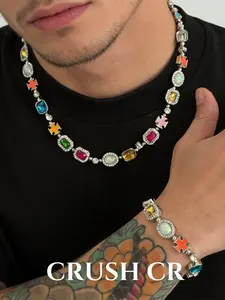 CRUSH CR Y2K Rainbow Cross Gemstone Necklace & Bracelet Set, Bold Multicolor Statement Jewelry, Perfect for TikTok OOTDs, Raves, Alt Streetwear and Edgy Aesthetic