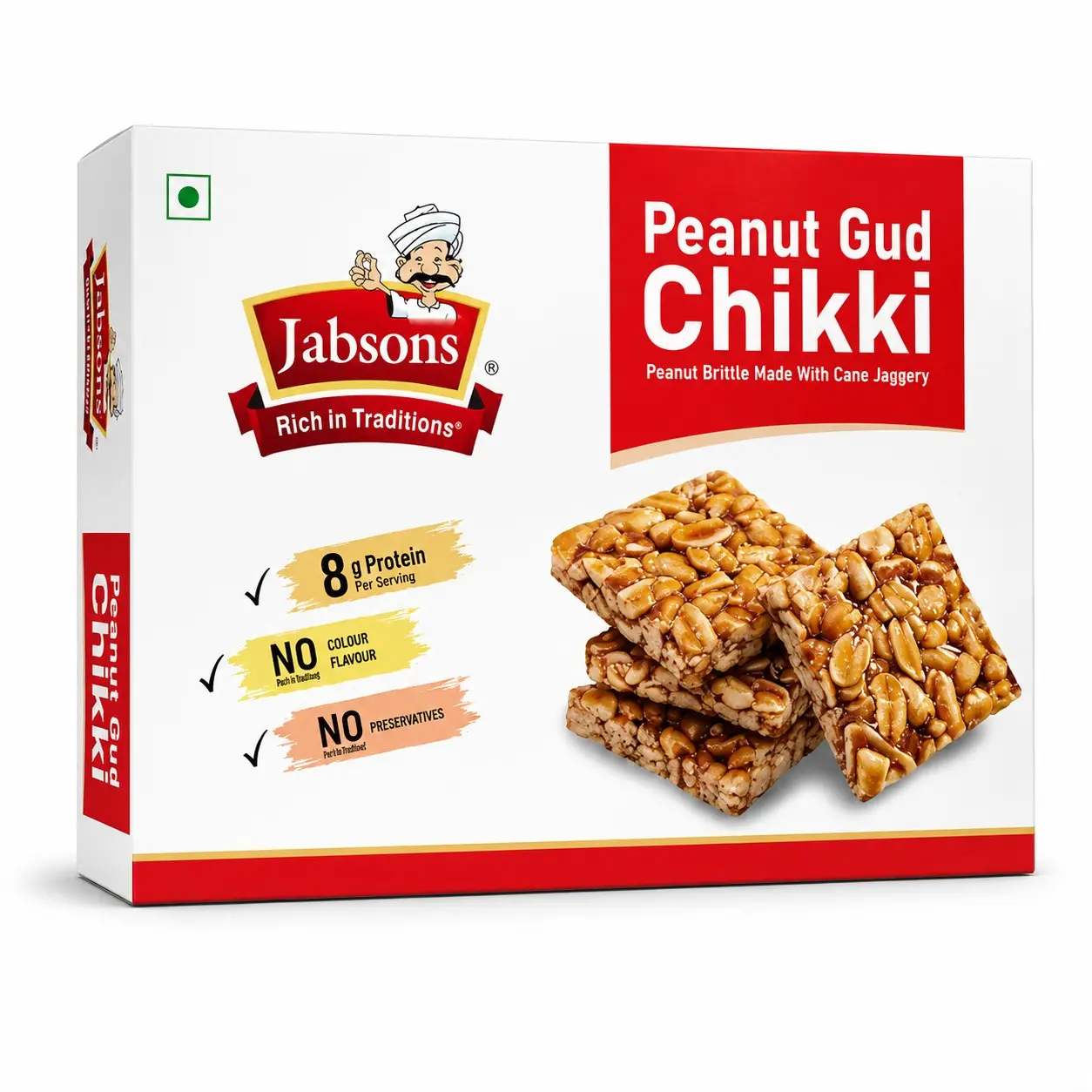 Jabsons Peanut Gud Chikki 400g – Peanut Brittle Made with Cane Jaggery | 8g Protein Per Serving | No Artificial Color or Flavor, No Preservatives | Traditional Indian Sweet