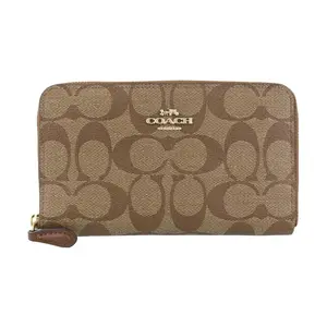 Coach Zip-Around 17 Classic Monogram Coated Canvas Coin Purse with ID Card Slot for Women, Khaki