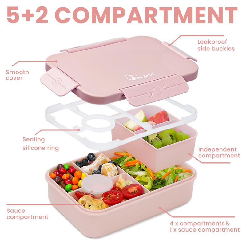 Bugucat Leak-Proof Bento Lunch Box 1300ML with 6 Compartments, Kids & Adult Bento Box with Cutlery, Dishwasher & Microwave Safe, High-Quality PP Material, 22x15x5.5 cm, Ideal for School, Kindergarten, Office