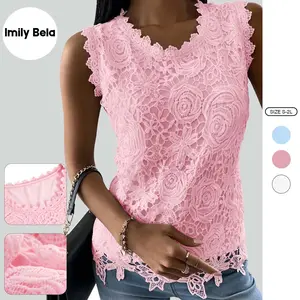 Imily Bela Womens Sleeveless Summer Lace Tank Top Casual Crew Neck Slim Fit Hollow Out Shirt Blouse
