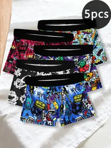Men's Underwear, Boxer Shorts Printed Design Men's Underwear, Four Seasons Daily Casual Wear Men's Flat Corner Underwear, Size S-XXL, 5-Pack, Guys Clothes