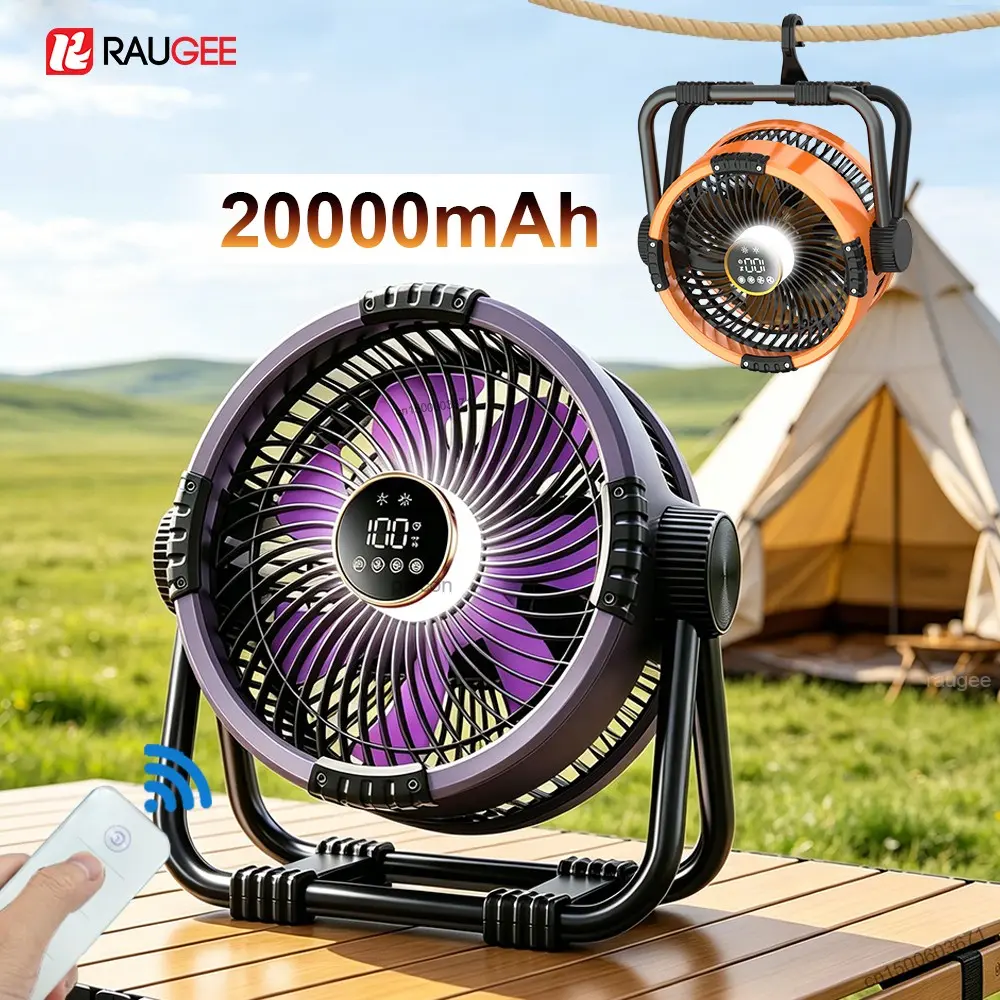 20000mAh Camping Fan 4 Speed Adjustment Battery Powered Fan Cordless Rechargeable Fan USB Rechargeable Camping Tent Wireless Ceiling Fan Desktop Fan with LED Light and Remote Control Rechargeable Personal Fan