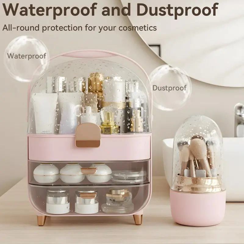 Makeup Organizer for Vanity with Brush Holder, Lid and 2 Drawers, Pink Large Capacity Bathroom Counter Organizer for Skincare, Cosmetic Storage, Dustproof, Waterproof, Teen Girl Gifts