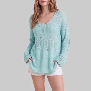 Shewin Women's Loose-Fitting Acrylic Knit Tunic Top - V-Neck, Long Sleeve Drop Shoulder, Ruffled Cuffs & Hem, Center Cutout, Lightweight Breathable Casual Knitwear for Daily & Vacation Wear,summervibes