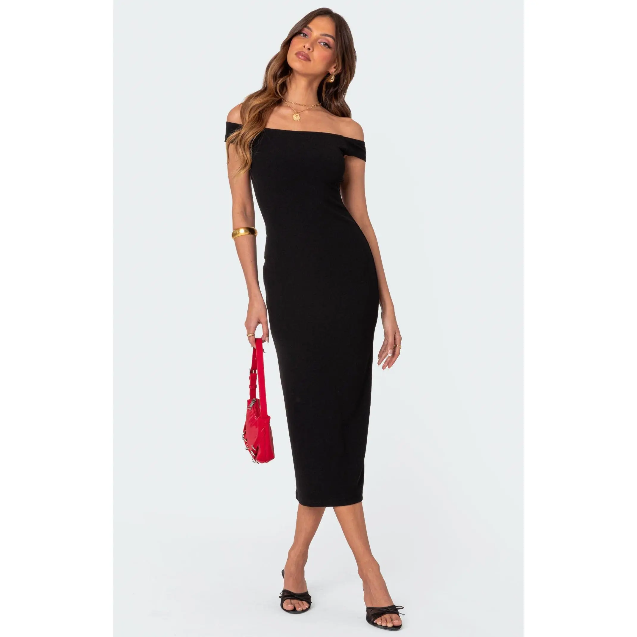 Edikted Women's Kyla Off Shoulder Ribbed Midi Dress