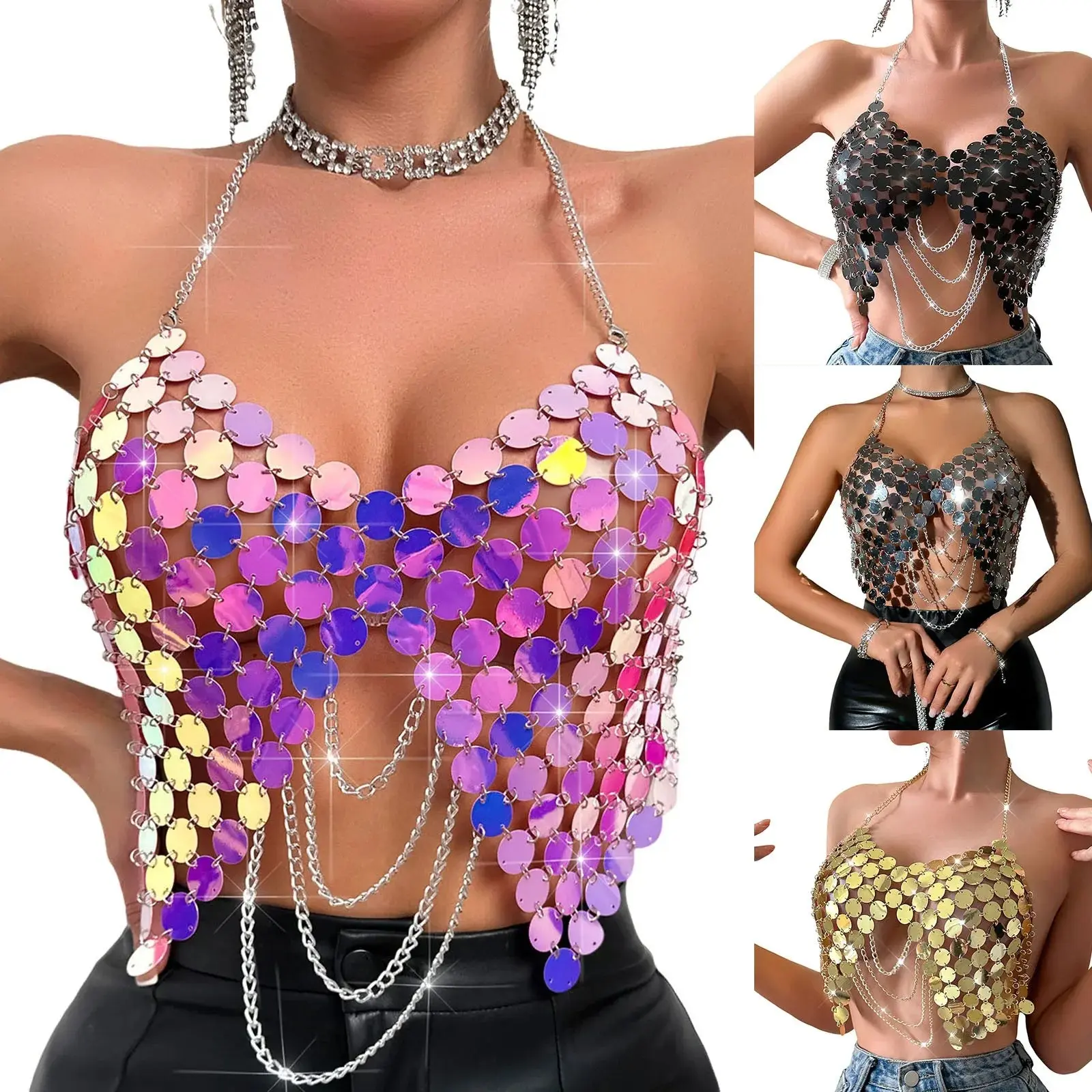 Sexy Corset Crop Top Women Summer See Through Glitter Halter Beach Party Tank Top Rave Night Club Outfits Cropped Y2k Tops