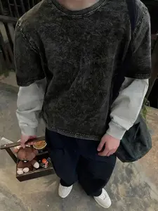 Unisex Two-Piece Long Sleeve T-Shirt, Colorblock Oversized Top, Washed Vintage Fabric, Street Style, Casual Fashion for All Seasons