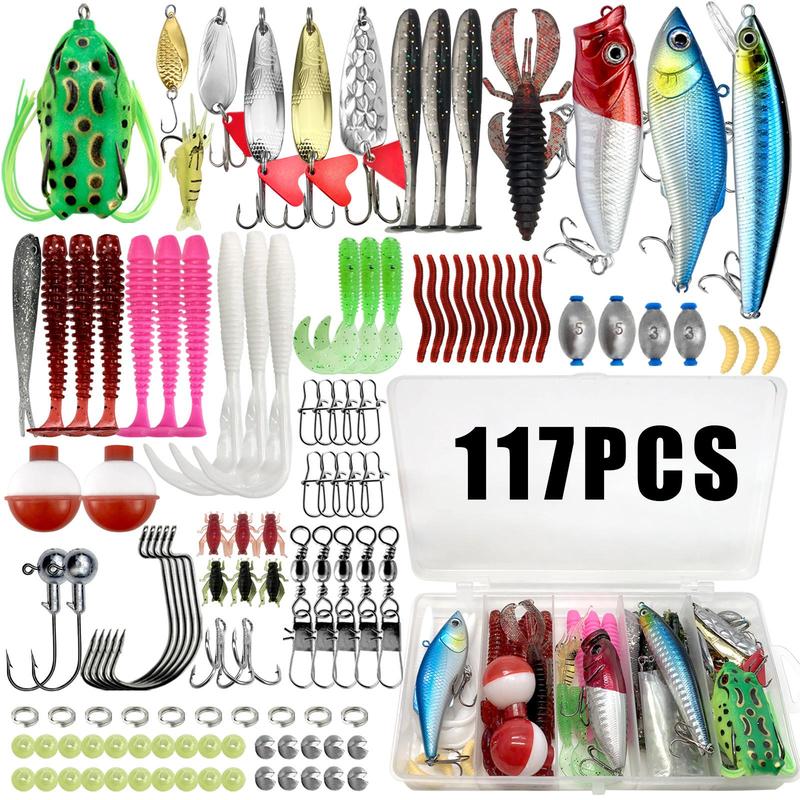 Artificial Fishing Lure Kit, 85, 117, 157, 198 or 375-Piece Fishing Lure Set with Spoon Lures, Soft Plastic Worms, Crankbait Jigs and Fishing Hooks, Fishing Accessories