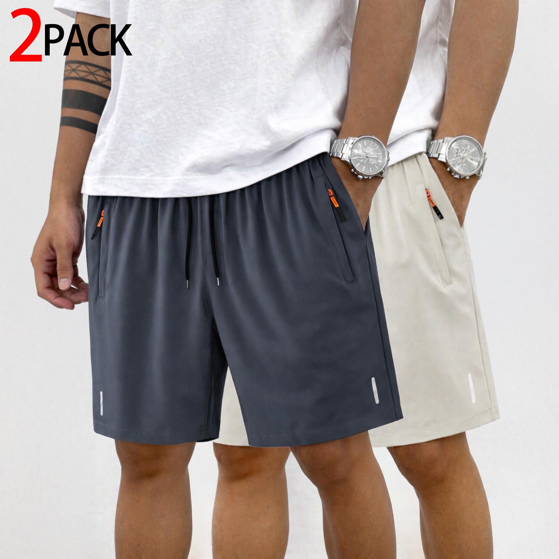 Men’s athletic shorts — running, fitness, casual, comfortable fit; elastic waistband with drawstring, zippered pockets, reflective details; suitable for training, walking, home wear, everyday use; two-pack.