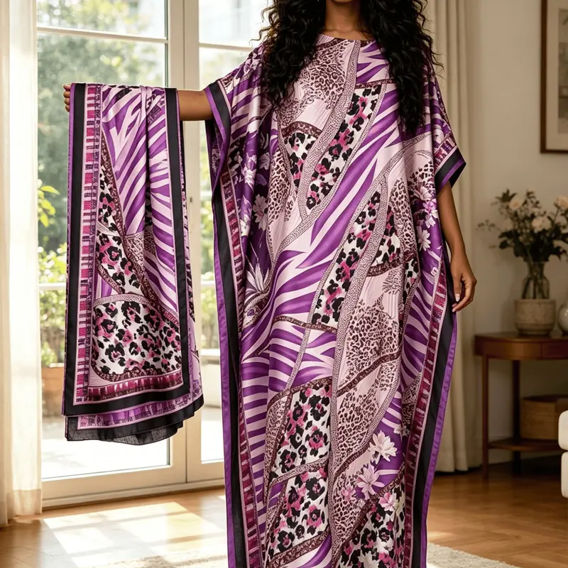 Luxury Lilac Leopard Geometric Kaftan Abaya, Satin Flowy Maxi Dress with Headscarf, Modest Swimwear Cover Up, Muslim Resort Wear