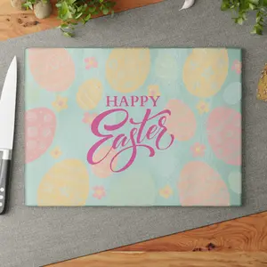 Happy Easter Pastel Eggs Glass Cutting Board