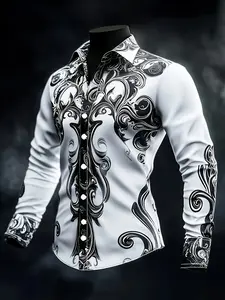 Menswear Long-Sleeve Fitted Collared Neck Button Shirt - Polyester 3D Artistic Printed Stylish Fashion Top with 2 Chest Pockets, All-Seasons Casual Clothes, Suitable for Gifting, Travelling outdoorfun