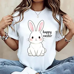 Fashionable Easter Bunny Short Sleeve TShirt Casual Round Neck Top for Daily and Holiday Wear