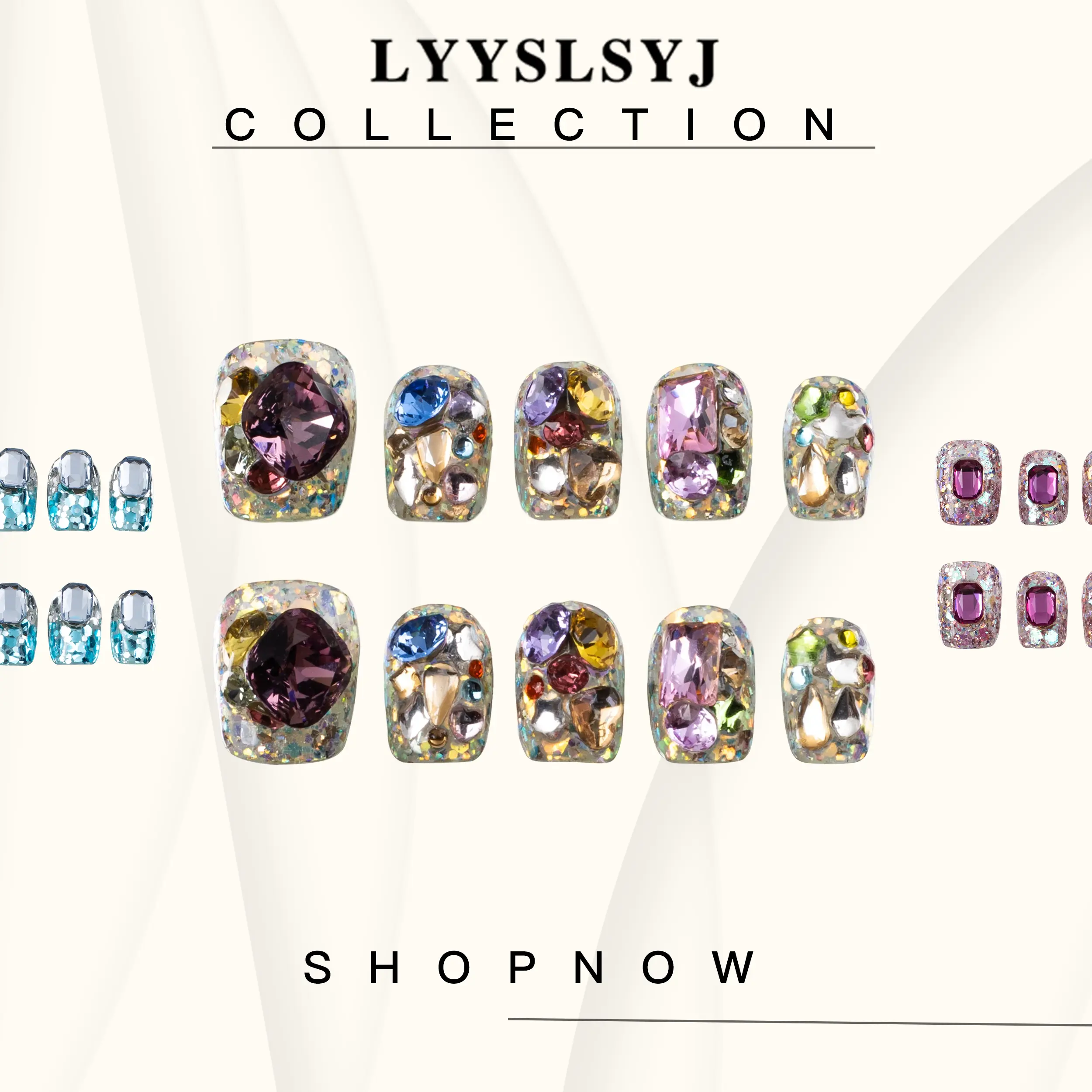 LYYSLSYJ | Sparkly Rhinestone Collection - 10 Pcs Handcrafted Press-On Nails, Cute Bling Fake Nails, Premium Quality, Reusable, 3D Nail Charms Nail Nail Art Nail Care Manicure