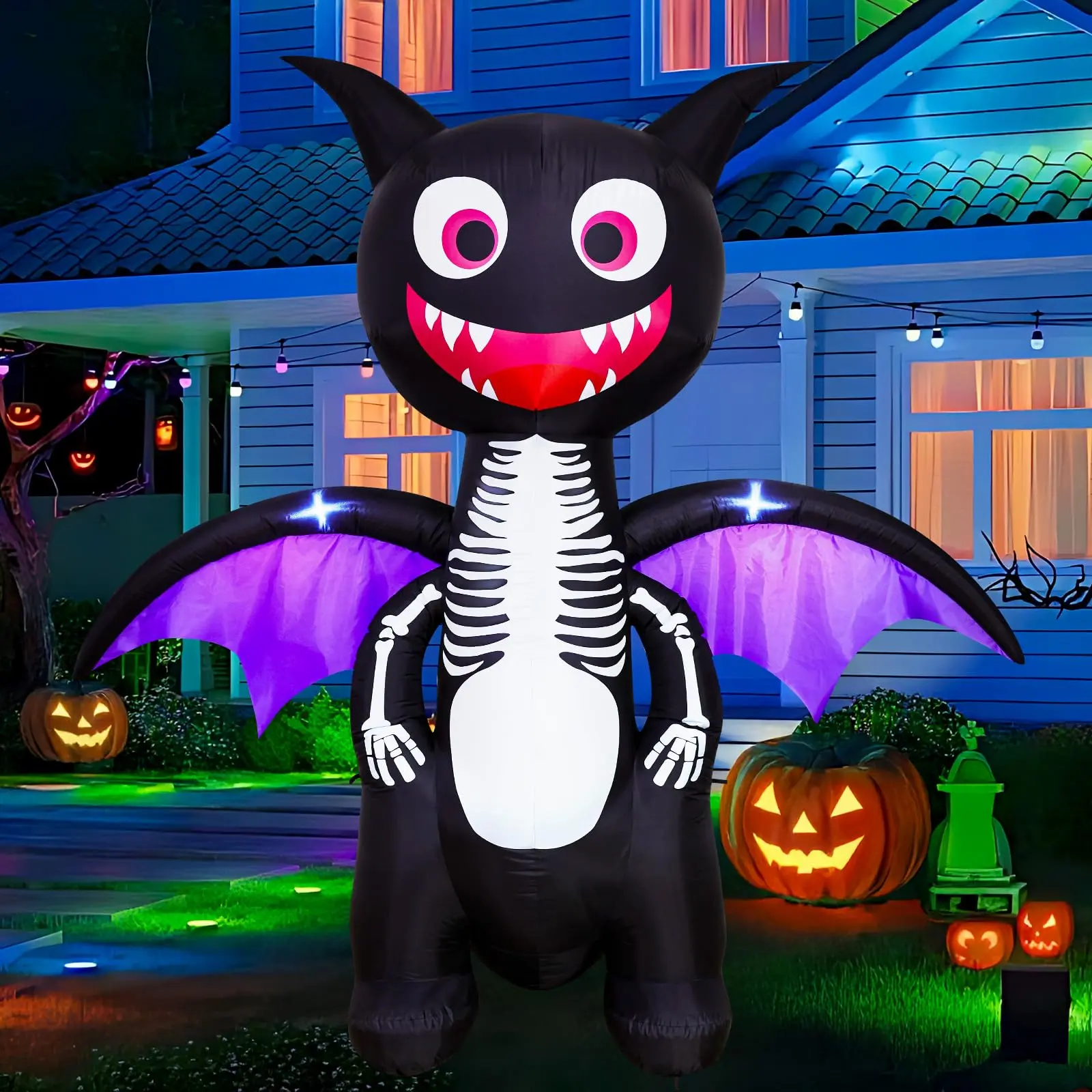 6.8 FT Halloween Inflatable Skeleton Dragon Novelty Gag Toy with Built-in LED Lights, Giant Blow-Up Outdoor Decoration for Lawn, Haunted House Parties