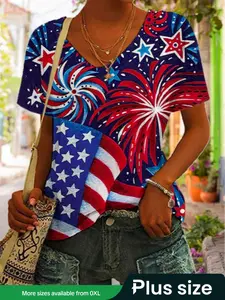 【Plus Size】 Star & Firework Print V Neck Tee, Casual Independence Day Printed Short Sleeve T-shirt for Daily Wear, Casual Everyday Wear, Women Plus Clothing for Summer, Tshirt Top, Casual Fashionable Top, Fitted