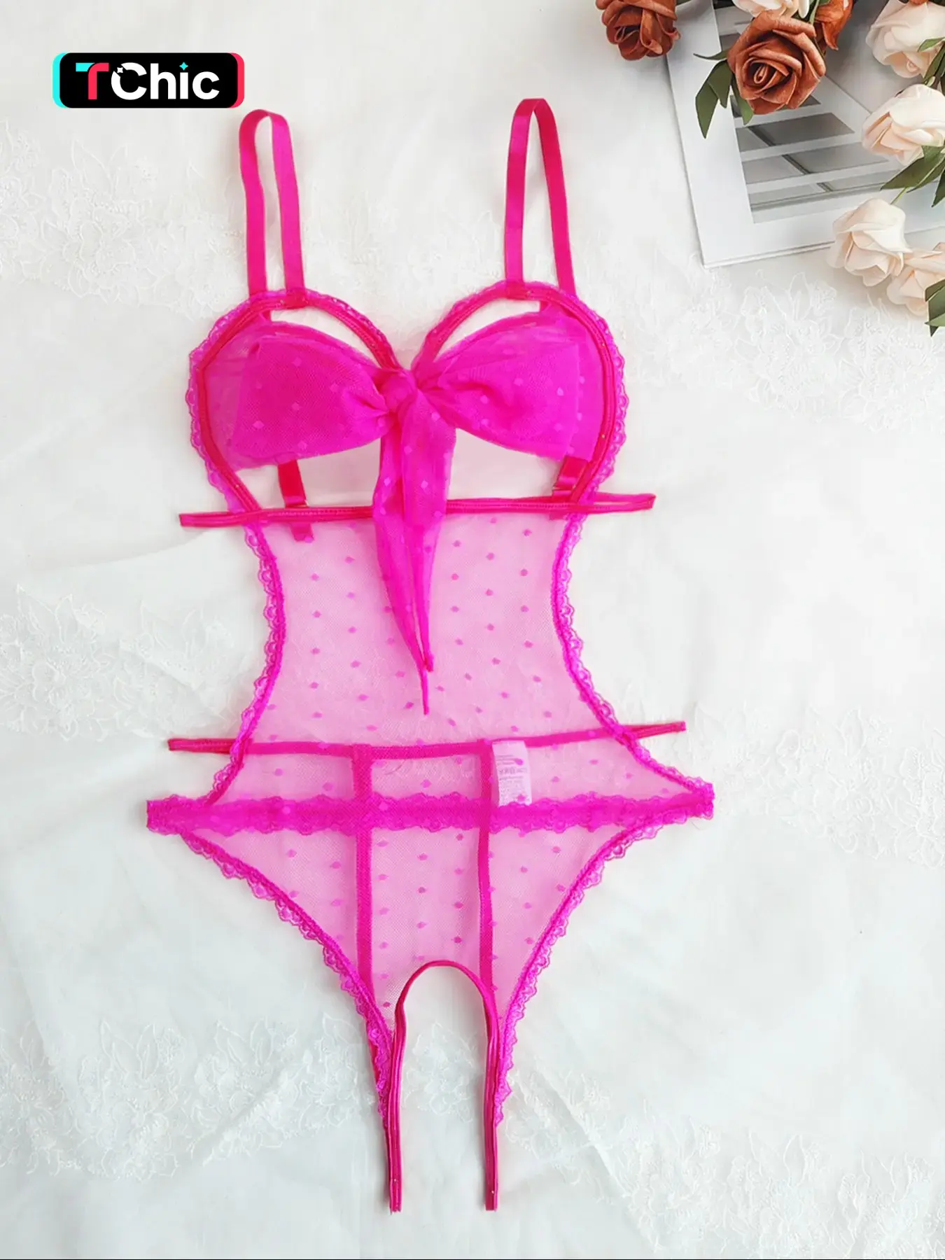 Women's Sexy Cute Backless Sheer Lace Bodysuit, Lingerie, Underwear, Adjustable Straps, Front Bowknot Design, Fitted, Breathable Summer, All Season Wear