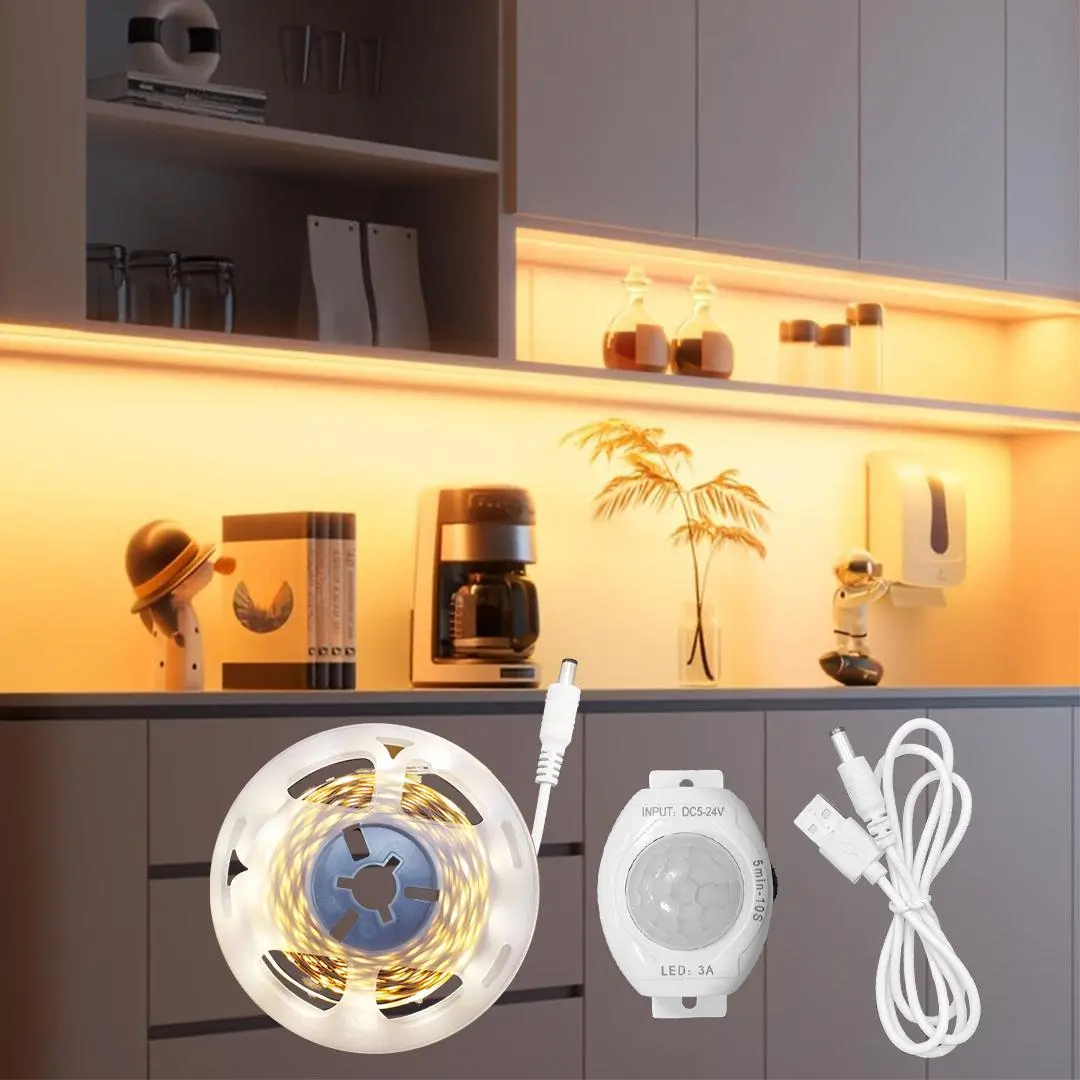 USB Powered Human Sensor LED Strip Light, 5V Low Voltage DIY Cuttable Wall Mounted LED Light Strip, LED Ambient Light for Cabinet, Shelf & Room Decor, Warm Lights, Kitchen Cabinet Lights, LED Lights Strips