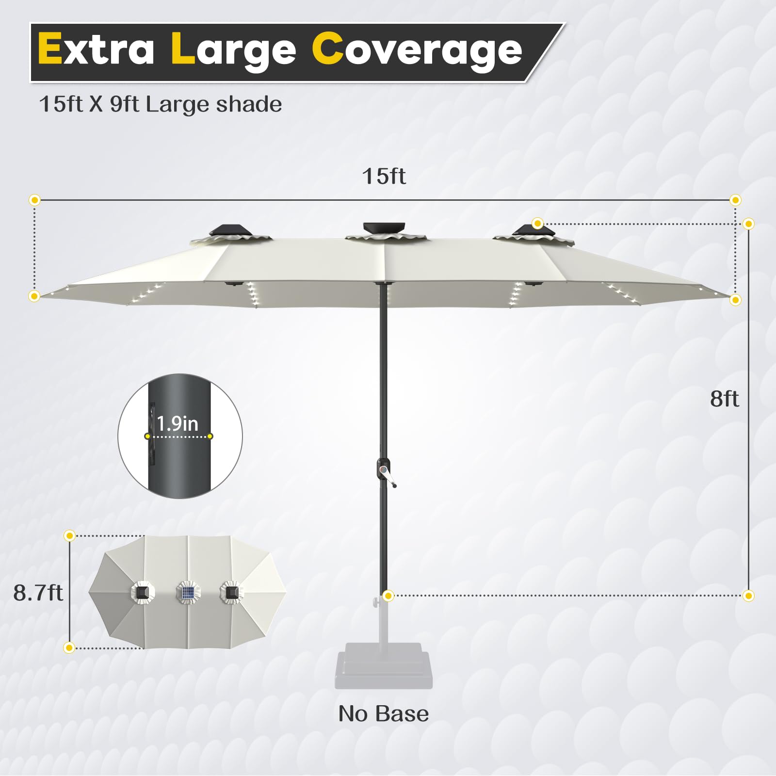 AECOJOY [No Base] 15ft Patio Umbrella with Solar Lights, Large Double Umbrella Outdoor Patio LED Lights and Crank Handle Cream(1.9" Pole) Lighting Garden
