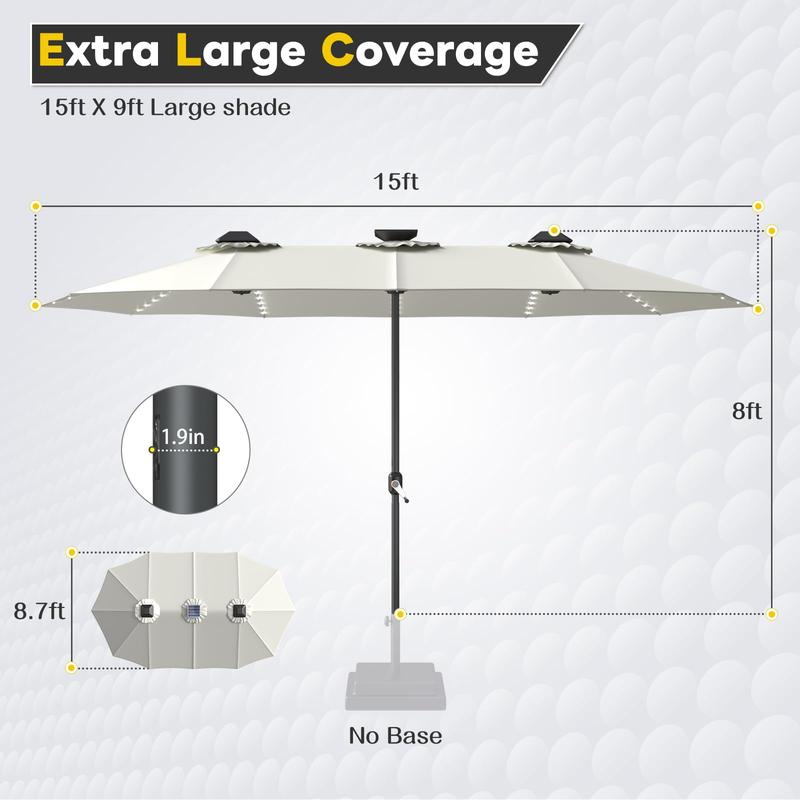 AECOJOY [No Base] 15ft Patio Umbrella with Solar Lights, Large Double Umbrella Outdoor Patio LED Lights and Crank Handle Cream(1.9" Pole) Lighting Garden