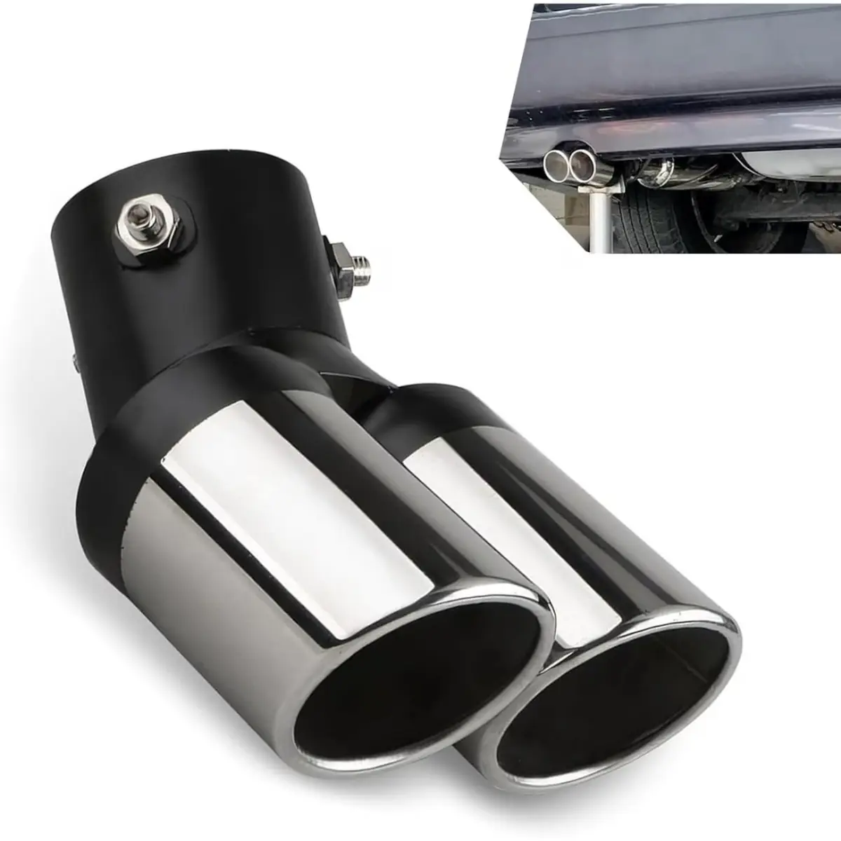 1 Pack Dual Exhaust Tip, Curved Bevel Mouth Stainless Steel Muffler Tip, Waterproof Durable Vehicle Exhaust Pipe Modification Accessories, Silver & Black