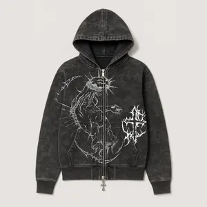 Brandless JJBA Jesus Acid Wash Zip up Hoodie casual apparel Streetwear Oversized Double Zip Baggy 100% Cotton