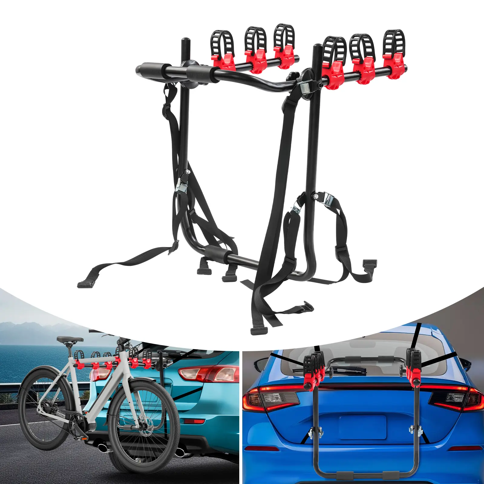 CNCEST 3-Bike Trunk Rack, Carbon Steel & Nylon Modern Black Bike Cargo Rack for Car Transport, 20kg Load Capacity, Rear-Mount Accessories with Advanced Fastening System, Bike Accessory, Advanced Mount